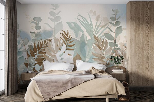 Fototapety Pastelowe rośliny paprocie, monstera i eukaliptus, jasne teksturowane tło, miękkie oświetlenie,, Fototapety Natura, w09316v1 : Uwalls.pl
