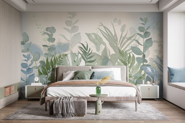 Fototapety Pastelowe zielone rośliny paprocie, monstera i eukaliptus, jasne teksturowane tło, miękkie, Fototapety Natura, w09316 : Uwalls.pl