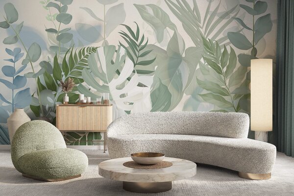 Fototapety Pastelowe zielone rośliny paprocie, monstera i eukaliptus, jasne teksturowane tło, miękkie, Fototapety Natura, w09316 : Uwalls.pl