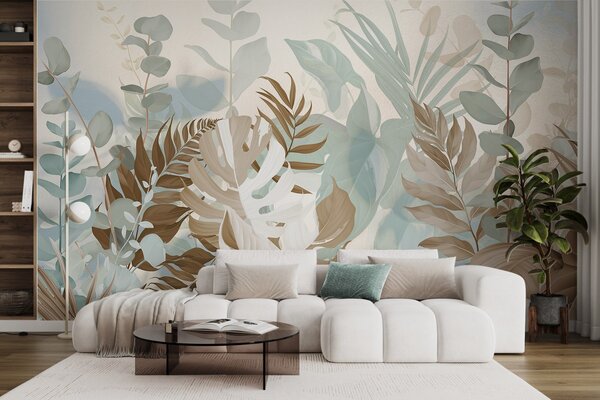 Fototapety Pastelowe rośliny paprocie, monstera i eukaliptus, jasne teksturowane tło, miękkie oświetlenie,, Fototapety Natura, w09316v1 : Uwalls.pl