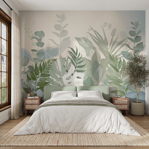 Fototapety Pastelowe zielone rośliny paprocie, monstera i eukaliptus, jasne teksturowane tło, miękkie, Fototapety Natura, w09316 : Uwalls.pl