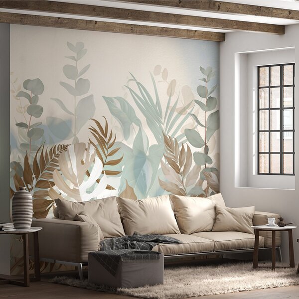Fototapety Pastelowe rośliny paprocie, monstera i eukaliptus, jasne teksturowane tło, miękkie oświetlenie,, Fototapety Natura, w09316v1 : Uwalls.pl