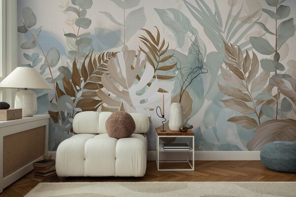 Fototapety Pastelowe rośliny paprocie, monstera i eukaliptus, jasne teksturowane tło, miękkie oświetlenie,, Fototapety Natura, w09316v1 : Uwalls.pl