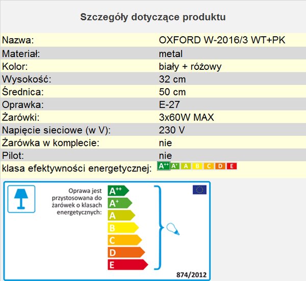 Lampa OXFORD Biało-różowa W-2016/3 WT+PK
