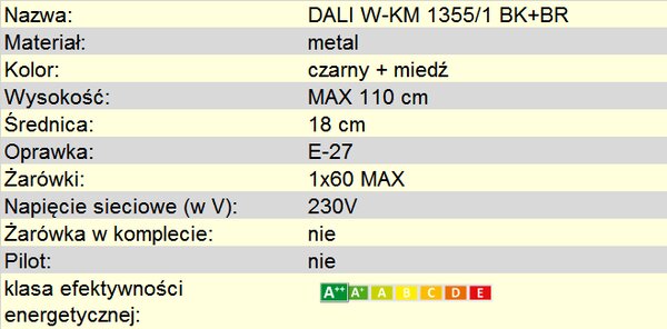 Lampa wisząca DALI miedziana W-KM 1355/1 BK+BR