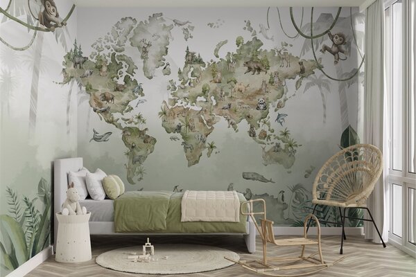 Fototapety Ilustrowana mapa świata ze zwierzętami i dżunglą, Fototapety Mapy, w04418v1 : Uwalls.pl
