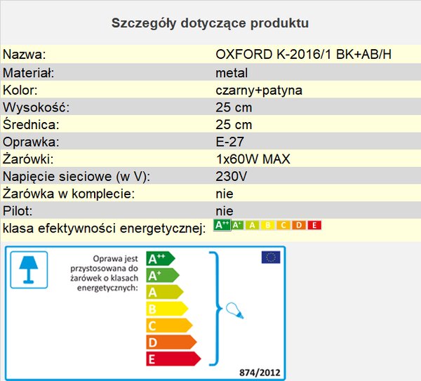 Czarno-patynowy kinkiet OXFORD K-2016/1 BK+AB/H