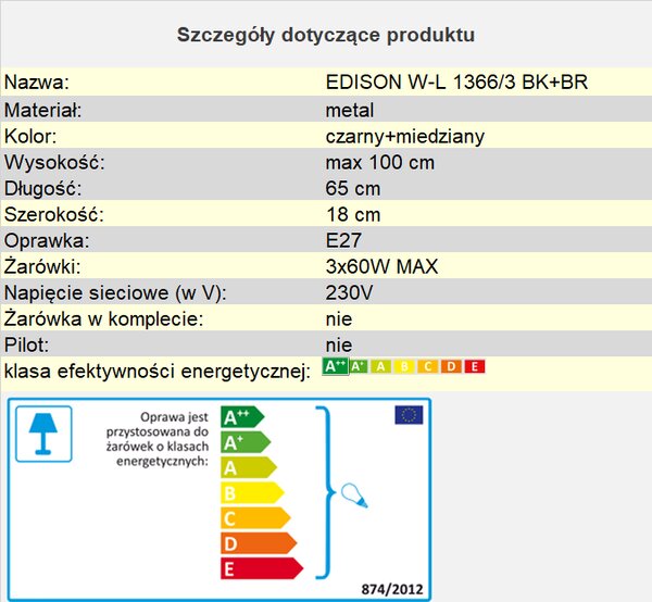 Lampa wisząca potrójna EDISON W-L 1366/3 BK+BR