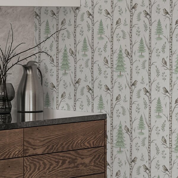 Tapety Brzozy z ptakami w jasnozielonym lesie, Tapety natura, a00316 : Uwalls.pl