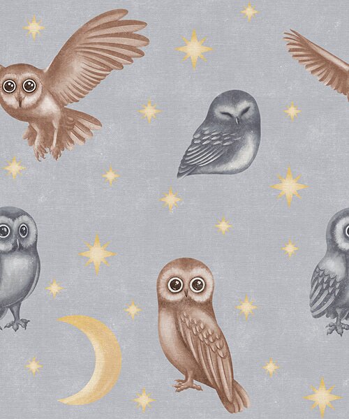 Tapety Sowy i gwiazdy na szarym tle nocnego nieba, Tapety Do pokoju dziecięcego, a00475 : Uwalls.pl
