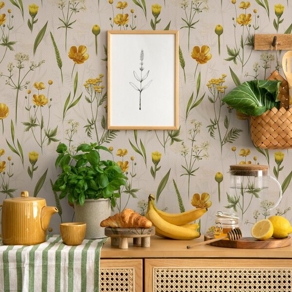 Tapety Żółte kwiaty i zieleń na beżowym tle, Tapety Z kwiatami, a00472v2 : Uwalls.pl
