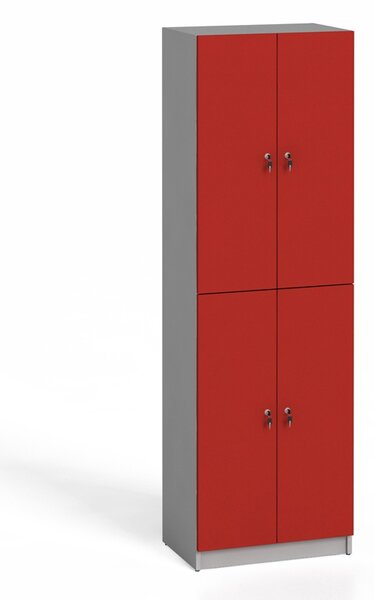 Szafka ubraniowa drewniana, 4 drzwi, zamek cylindryczny, szary / czerwona