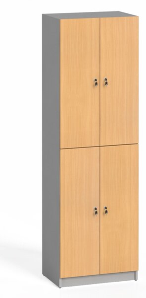 Szafka ubraniowa drewniana, 4 drzwi, zamek cylindryczny, szary / buk