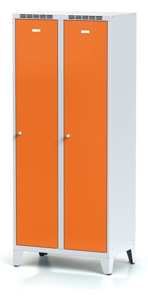 Alfa 3 Metalowa szafka ubraniowa z przegrodą, na nogach, 2-drzwiowa, pomarańczowe drzwi, zamek cylindryczny