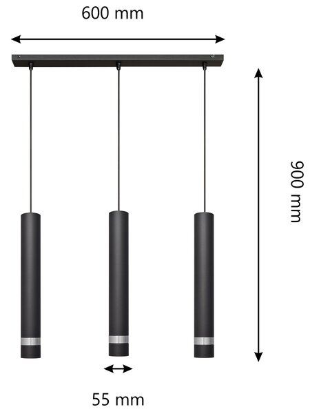 Lampa loft potrójna TUBA czarna z akcentem chromu