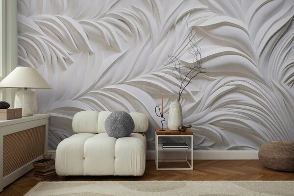 Fototapety Abstrakcyjne teksturowane białe liście i elementy kwiatowe, minimalistyczna, Fototapety 3D, Fototapety 3d liście, w09378 : Uwalls.pl
