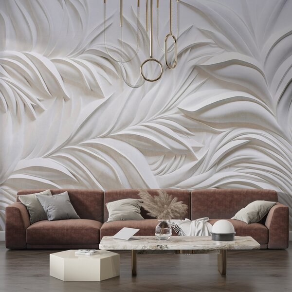 Fototapety Abstrakcyjne teksturowane białe liście i elementy kwiatowe, minimalistyczna, Fototapety 3D, Fototapety 3d liście, w09378 : Uwalls.pl