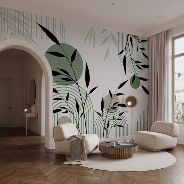 Fototapety Teksturowany abstrakcyjny nadruk z geometrycznymi kształtami, okręgami i łukami oraz czarnymi, Fototapety Geometryczne, w09384 : Uwalls.pl