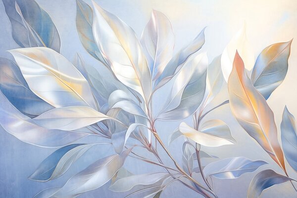 Fototapety Liście magnolii z białymi i niebieskimi odcieniami, miękkie oświetlenie, elegancka kompozycja,, Fototapety Akwarele, w09385 : Uwalls.pl