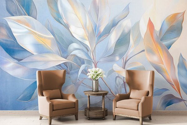 Fototapety Liście magnolii z białymi i niebieskimi odcieniami, miękkie oświetlenie, elegancka kompozycja,, Fototapety Akwarele, w09385 : Uwalls.pl