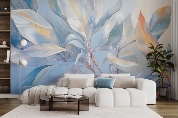 Fototapety Liście magnolii z białymi i niebieskimi odcieniami, miękkie oświetlenie, elegancka kompozycja,, Fototapety Akwarele, w09385 : Uwalls.pl