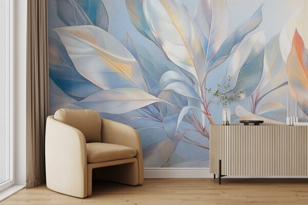 Fototapety Liście magnolii z białymi i niebieskimi odcieniami, miękkie oświetlenie, elegancka kompozycja,, Fototapety Akwarele, w09385 : Uwalls.pl
