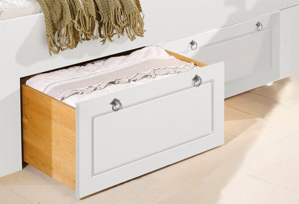 Dwie sosnowe szuflady pod łóżko, fronty białe