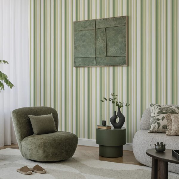 Tapety Zielone i beżowe paski z żółtymi liniami akcentującymi, Tapety Geometryczne, Tapety w paski, a00531 : Uwalls.pl