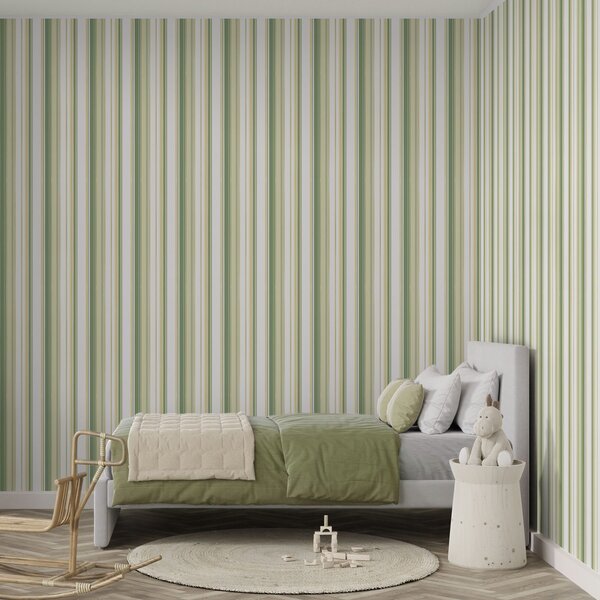 Tapety Zielone i beżowe paski z żółtymi liniami akcentującymi, Tapety Geometryczne, Tapety w paski, a00531 : Uwalls.pl