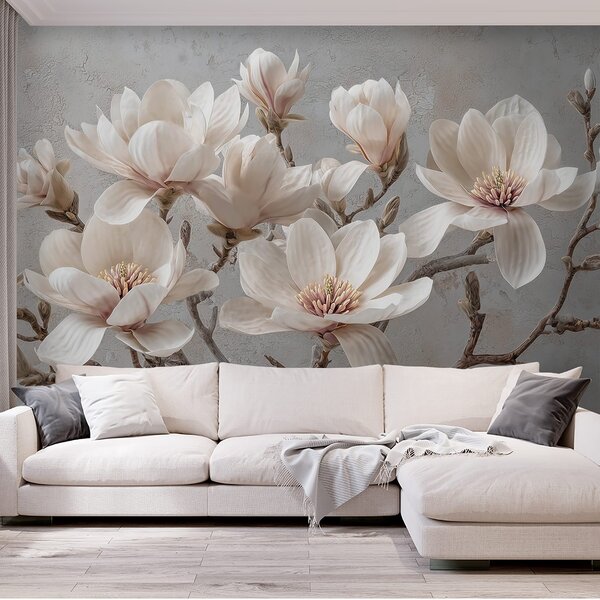 Fototapety Gałęzie magnolii z dużymi, jasnymi kwiatami w stonowanych odcieniach, Fototapety Kwiaty, w09305 : Uwalls.pl
