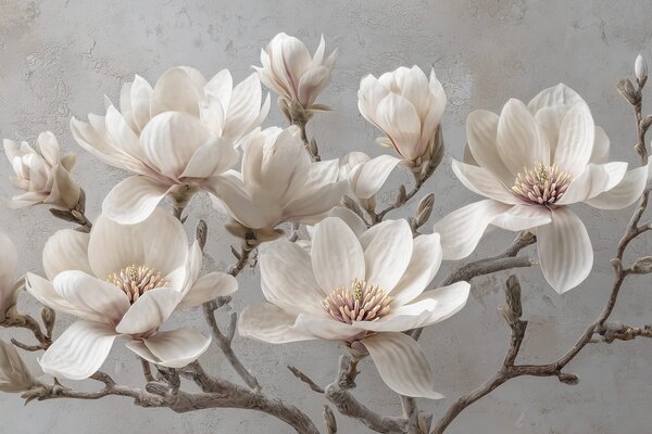 Fototapety Gałęzie magnolii z dużymi, jasnymi kwiatami w stonowanych odcieniach, Fototapety Kwiaty, w09305 : Uwalls.pl