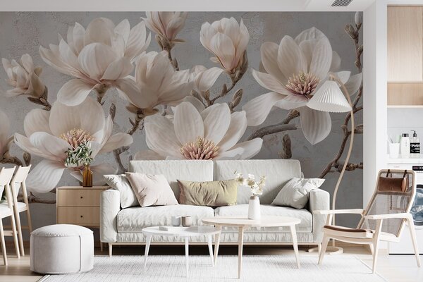 Fototapety Gałęzie magnolii z dużymi, jasnymi kwiatami w stonowanych odcieniach, Fototapety Kwiaty, w09305 : Uwalls.pl