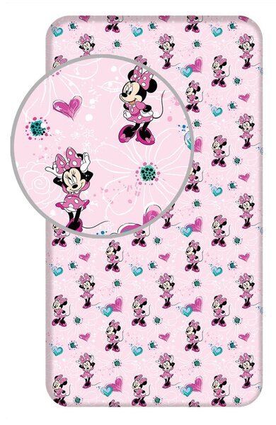 Różowe bawełniane prześcieradło dziecięce z gumką 90x200 cm Minnie "Flowers" – Jerry Fabrics