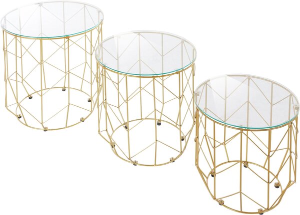 Trzy złote stoliki ze szklanymi blatami