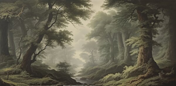 Fototapety Mglisty las z rzeką i wysokimi, starymi drzewami, Fototapety Natura, w04555 : Uwalls.pl