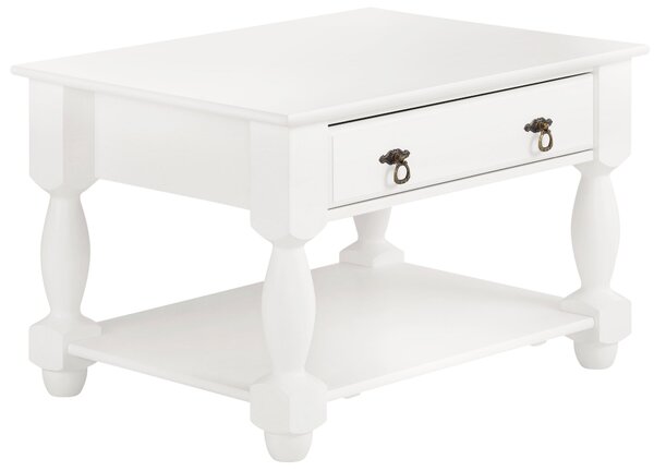 Wspaniały, sosnowy stolik z szufladą i półką, biały