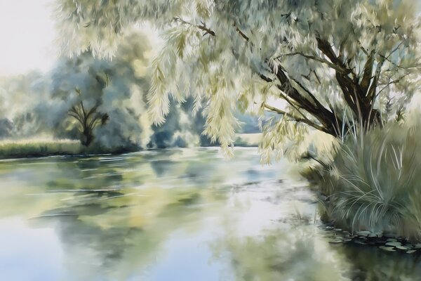 Fototapety drzewo w stylu akwareli nad jeziorem, Fototapety Natura, w04501 : Uwalls.pl