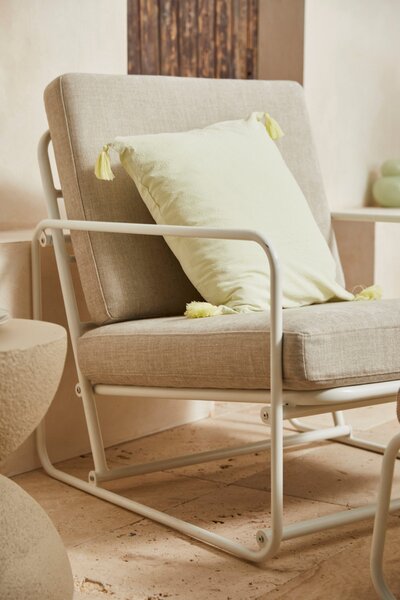 Fotel wypoczynkowy kremowo-szary z metalową ramą, skandynawski