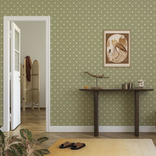 Tapety Kratka oliwkowa z kremowymi kwiatami, ornament w stylu retro, Tapety Z kwiatami, a00585 : Uwalls.pl