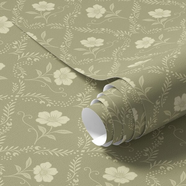 Tapety Kratka oliwkowa z kremowymi kwiatami, ornament w stylu retro, Tapety Z kwiatami, a00585 : Uwalls.pl