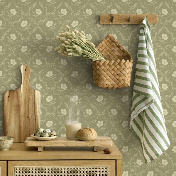 Tapety Kratka oliwkowa z kremowymi kwiatami, ornament w stylu retro, Tapety Z kwiatami, a00585 : Uwalls.pl