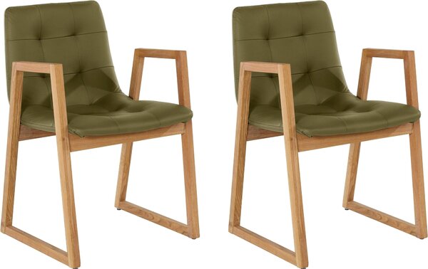 Dwa zielono-oliwkowe fotele, nogi dąb, nowoczesne wzornictwo