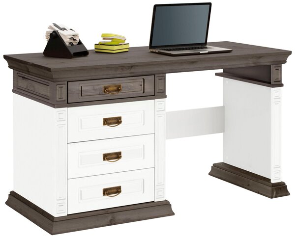 Sosnowe biurko z szufladami, pięknie zdobione, biel-wenge