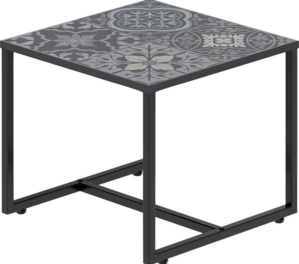 Czarny stolik z metalową ramą i blatem z nadrukiem