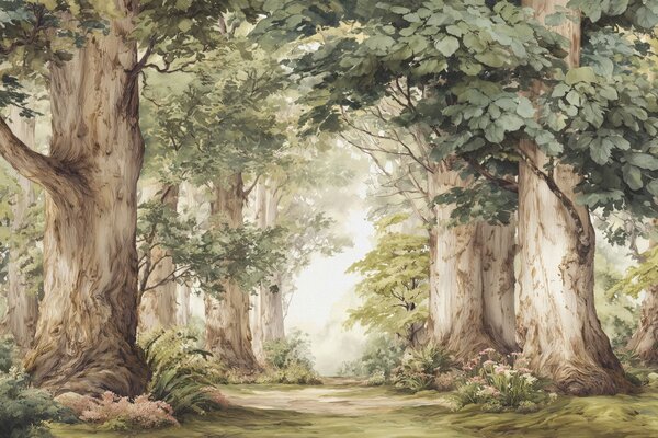 Fototapety Leśna ścieżka wśród majestatycznych drzew w stylu akwareli, Fototapety Natura, w09404 : Uwalls.pl