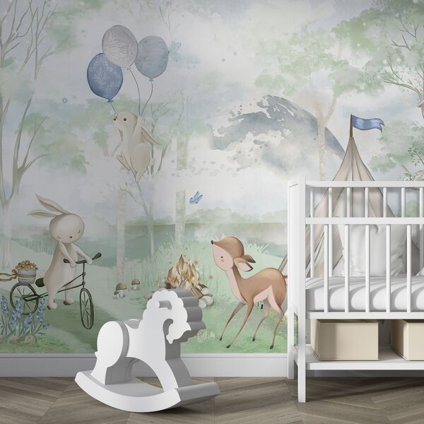 Fototapety Obóz leśny dla dzieci: króliczki, jelonki, namioty i ognisko, Fototapety Las, Fototapety Drzewa, w04671v1 : Uwalls.pl
