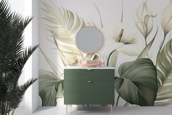 Fototapety Białe lilie calla i zielone tropikalne liście, ilustracja botaniczna, jasne tło, styl vintage,, Fototapety Kwiaty, w09423 : Uwalls.pl