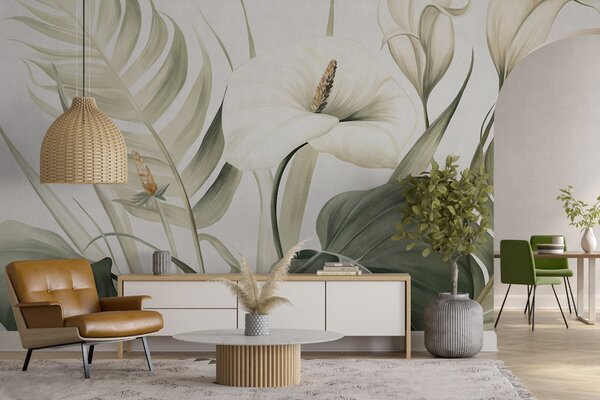 Fototapety Białe lilie calla i zielone tropikalne liście, ilustracja botaniczna, jasne tło, styl vintage,, Fototapety Kwiaty, w09423 : Uwalls.pl