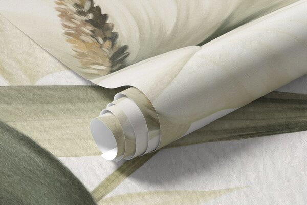 Fototapety Białe lilie calla i zielone tropikalne liście, ilustracja botaniczna, jasne tło, styl vintage,, Fototapety Kwiaty, w09423 : Uwalls.pl