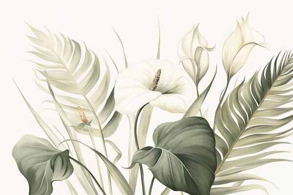 Fototapety Białe lilie calla i zielone tropikalne liście, ilustracja botaniczna, jasne tło, styl vintage,, Fototapety Kwiaty, w09423 : Uwalls.pl